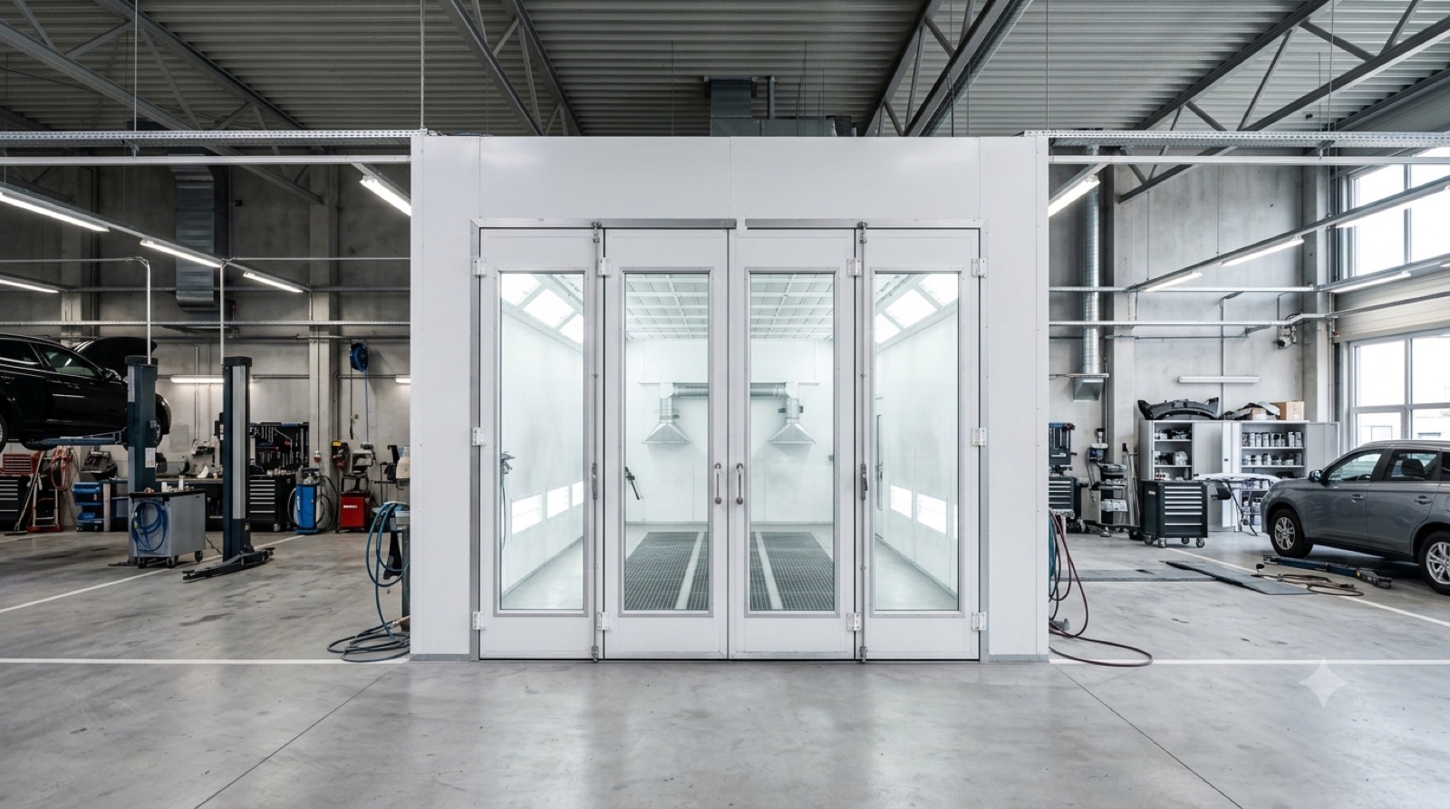 Body shop with white spray booth cabin