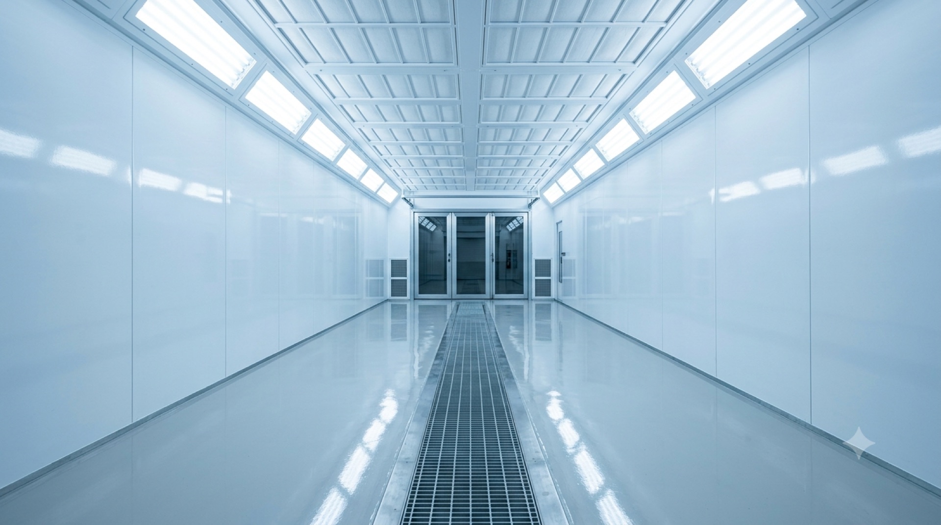 Automotive spray baking booth interior with ceiling lights
