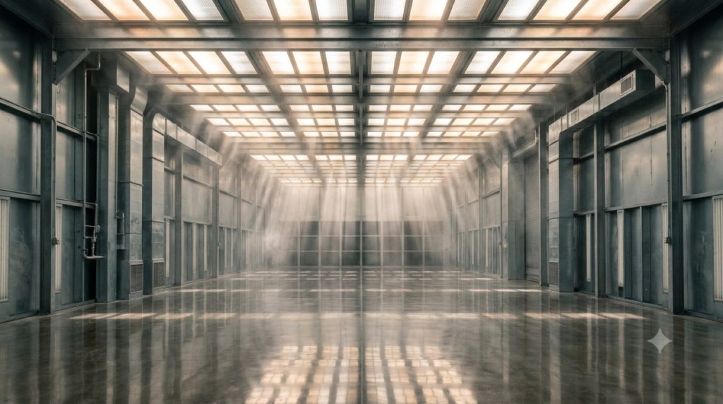 Light rays streaming through ceiling filters in a downdraft booth