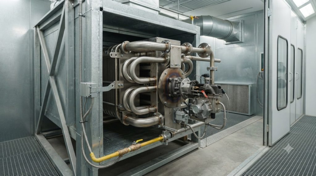 Stainless heat exchanger and burner unit of a spray booth