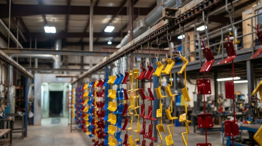 Colorful powder coated parts on an overhead conveyor